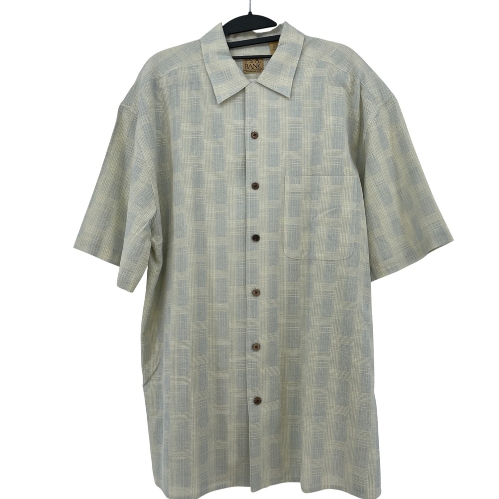 Jos. A. Bank Mens Silk Cotton Short Sleeve Button Down Shirt Blue Grid Large